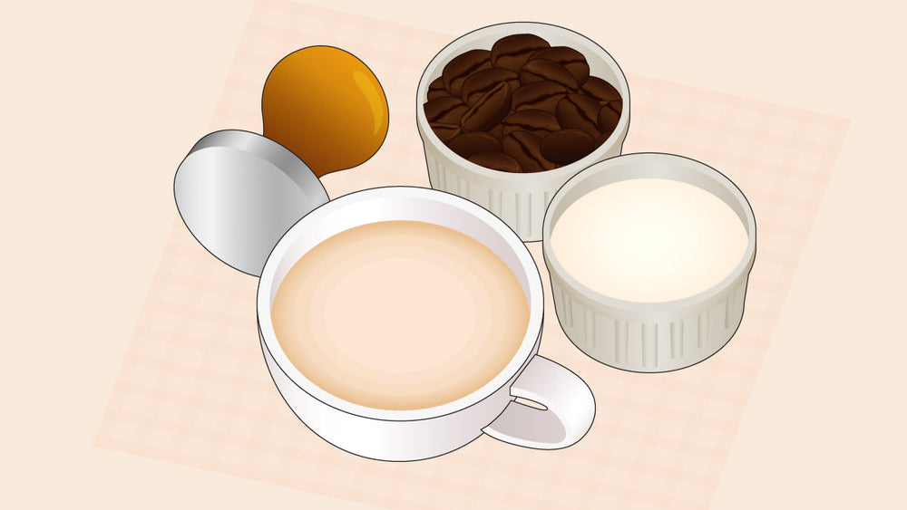 A cup of creamy coffee sits on a checkered surface beside dishes of coffee beans, milk, and a golden egg yolk.