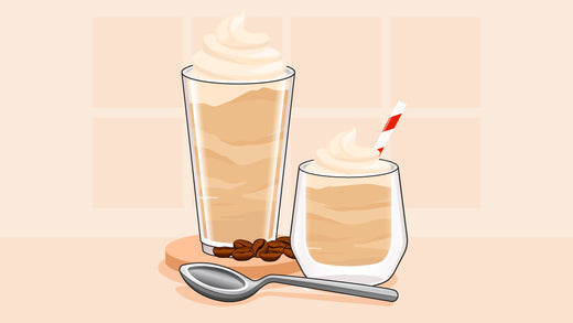 Two whipped coffee drinks in tall and short glasses, garnished with cream, coffee beans, and a spoon