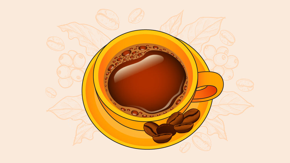 Top-down view of a yellow coffee cup with dark brewed coffee, coffee beans on the saucer