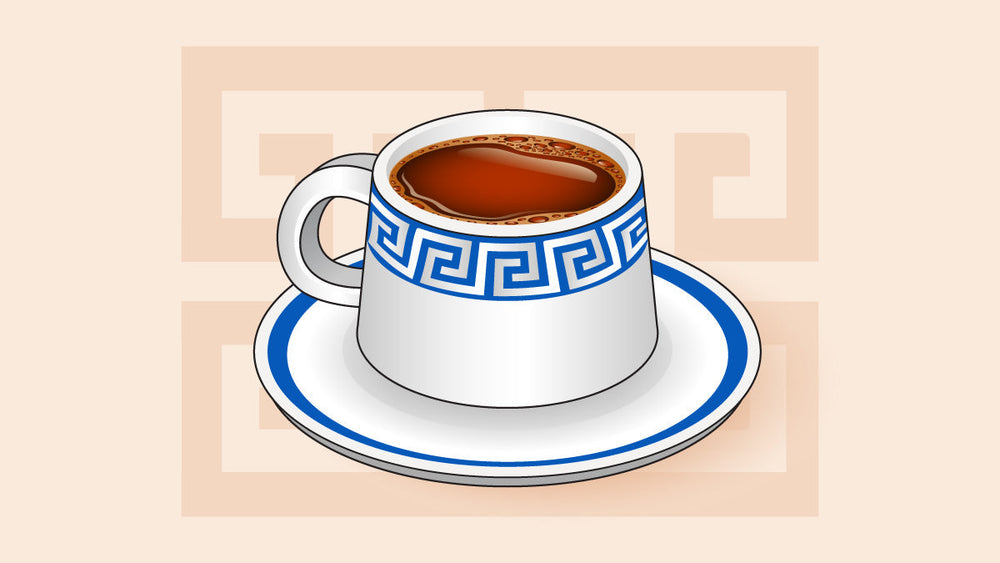 Greek-style coffee cup with a blue and white pattern