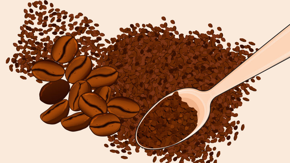 Coffee beans and a spoonful of instant coffee granules scattered.