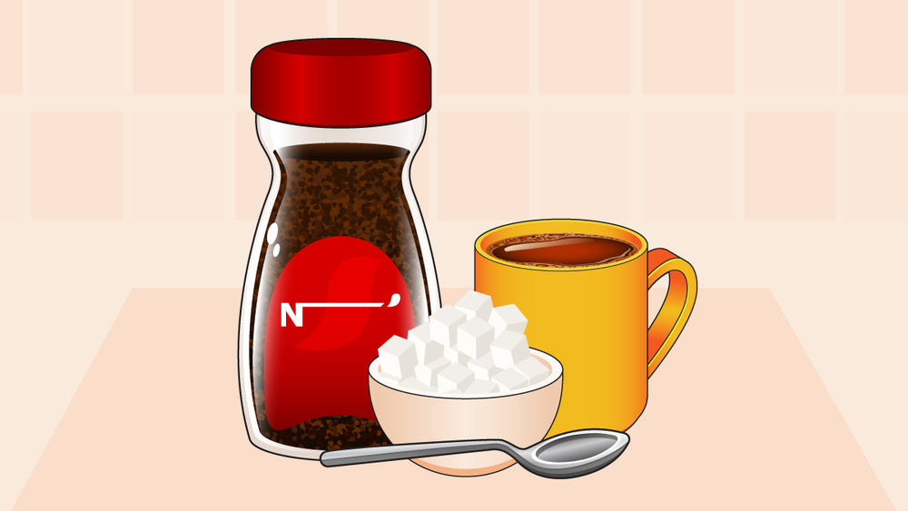 A jar of instant coffee, a yellow coffee mug, a bowl of sugar cubes, and a spoon