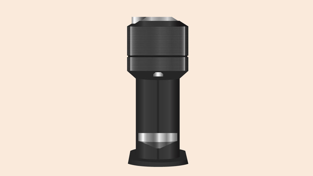 A black manual coffee grinder with a sleek modern design, featuring a ribbed texture and a metallic grind adjustment knob