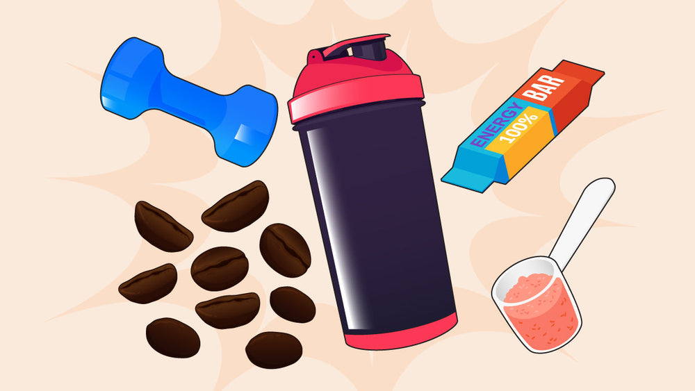 Shaker bottle, dumbbell, coffee beans, energy bar, and scoop of supplement powder.
