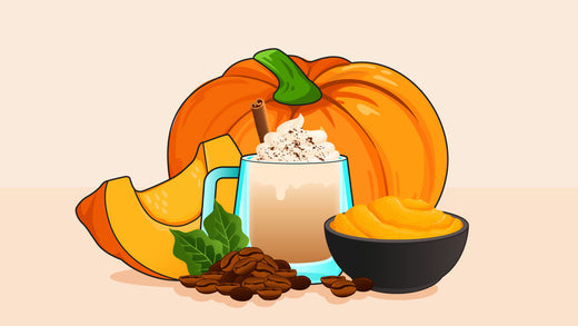 Pumpkin spice latte surrounded by fresh pumpkin, coffee beans, and a bowl of pumpkin puree