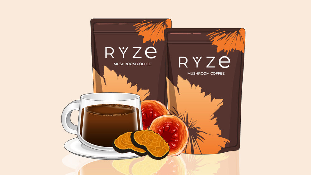 Glass cup of mushroom coffee with Ryze coffee bags and sliced medicinal mushrooms.