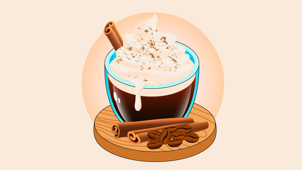 A Spanish coffee with whipped cream topping, sprinkled cinnamon, cinnamon sticks, and coffee beans garnish