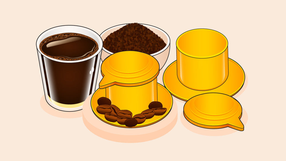 A cup of freshly brewed coffee, a bowl of ground coffee, and reusable yellow coffee pods with coffee beans