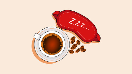 a coffee cup with scattered coffee beans and a red sleep mask labeled 'Zzz...'