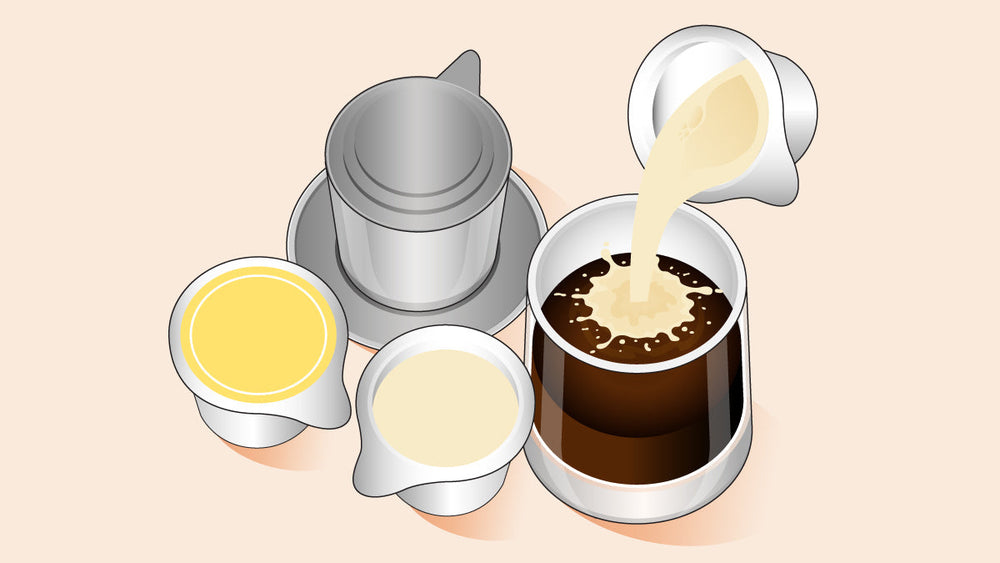 Coffee creamer being poured into Vietnamese coffee, with a metal filter and two creamers nearby.