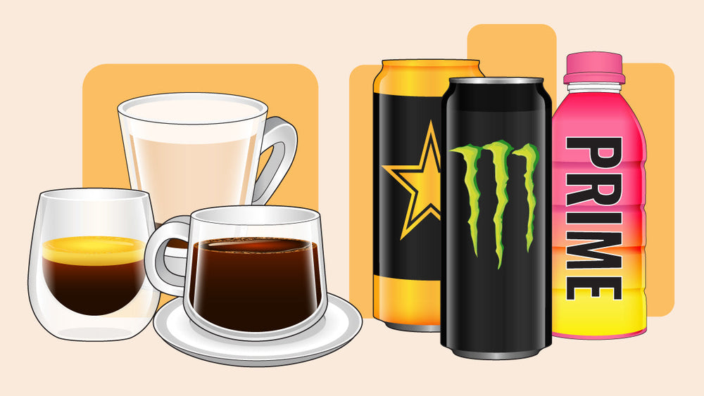 Various caffeinated drinks including coffee, espresso, energy drinks, and a sports drink bottle.