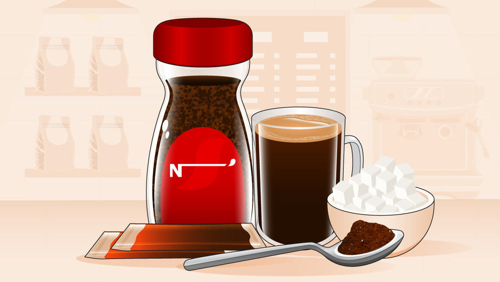 Jar of instant coffee with a cup of coffee, sugar cubes, and a spoon of coffee granules.