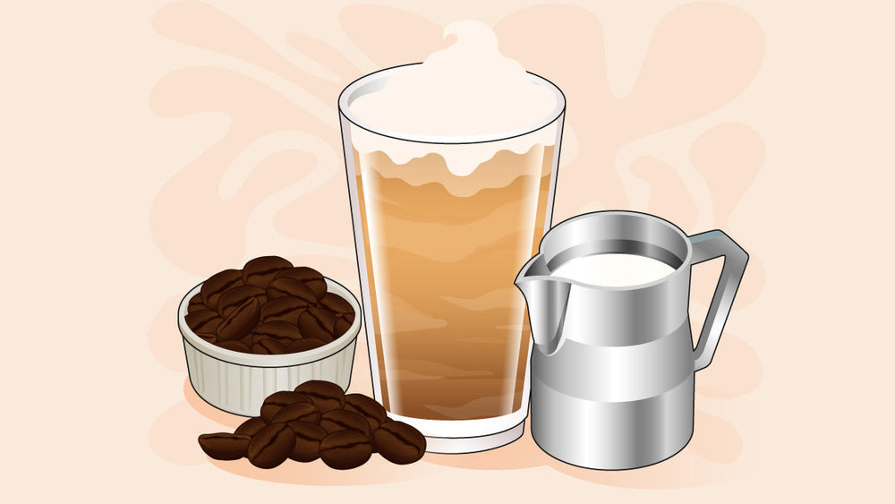 Iced latte in a tall glass with foam, beside coffee beans and a milk jug.