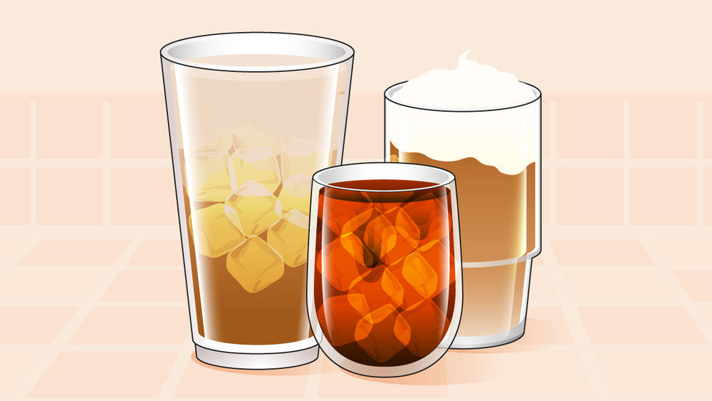 Three iced coffee drinks in different glasses, including cold brew, iced latte, and iced coffee with foam.