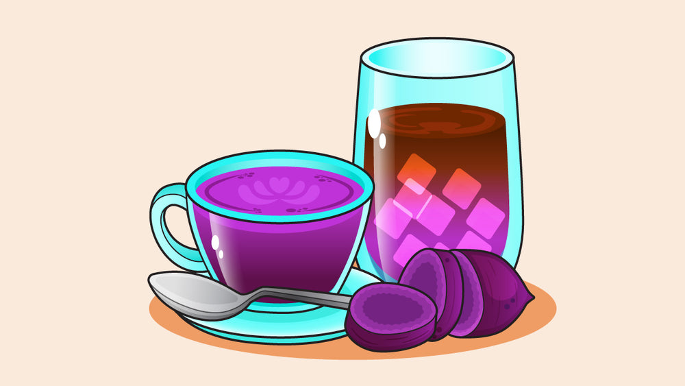 A cup of ube latte next to a glass of Vietnamese coffee.