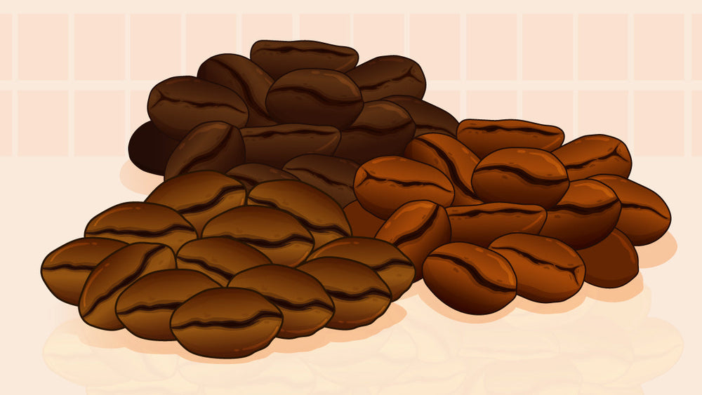 Three piles of roasted coffee beans in different shades of brown, showing a variety of roast levels.