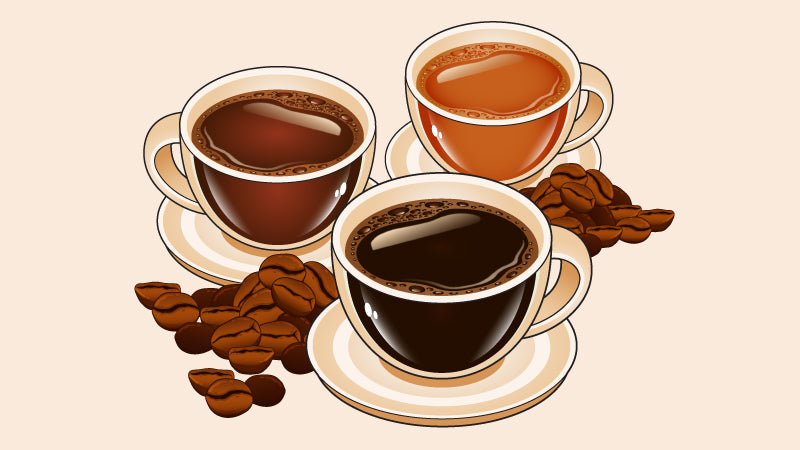Three cups of coffee with different shades, placed on saucers, surrounded by scattered coffee beans