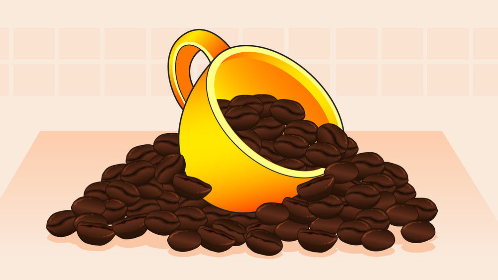 Yellow coffee cup spilling roasted coffee beans