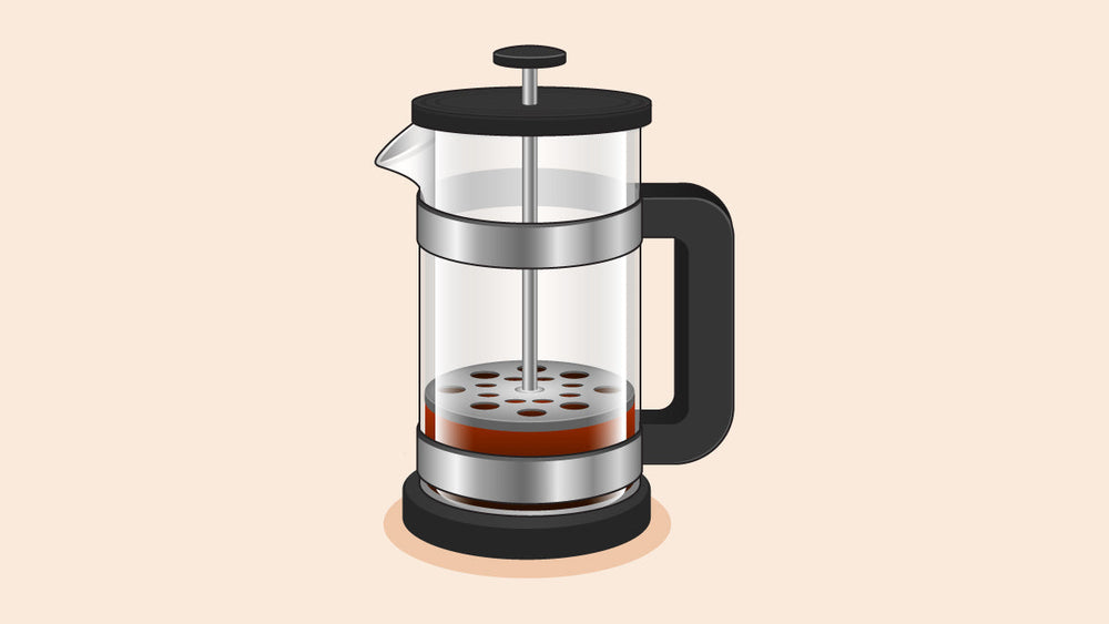A French press coffee maker with brewed coffee inside, featuring a glass body and black handle