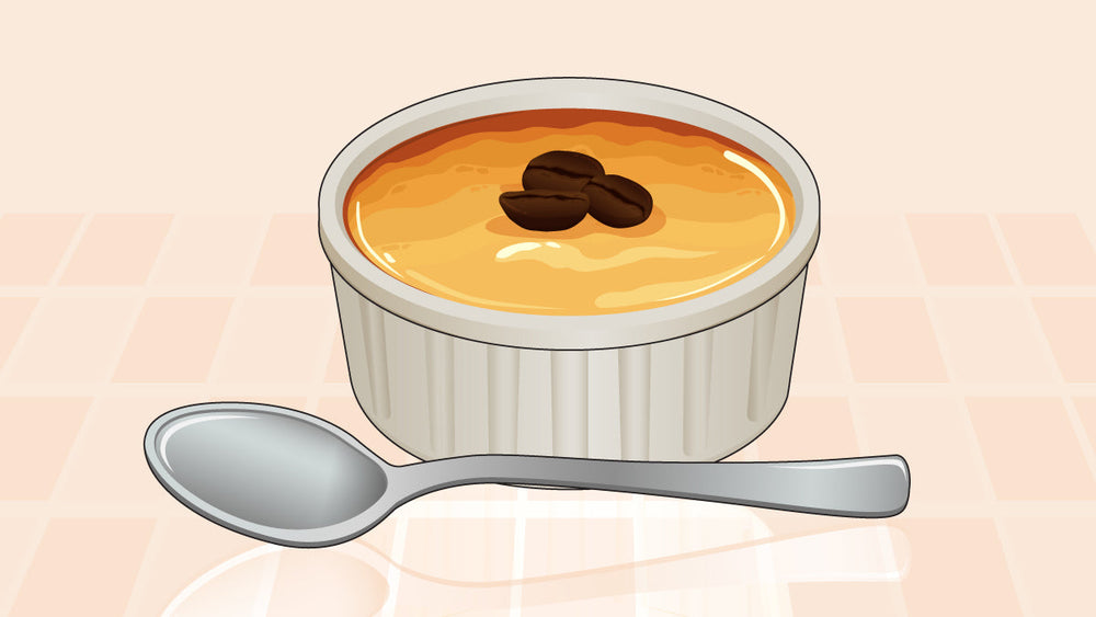 Coffee-flavored custard dessert in a ramekin topped with coffee beans, next to a spoon.