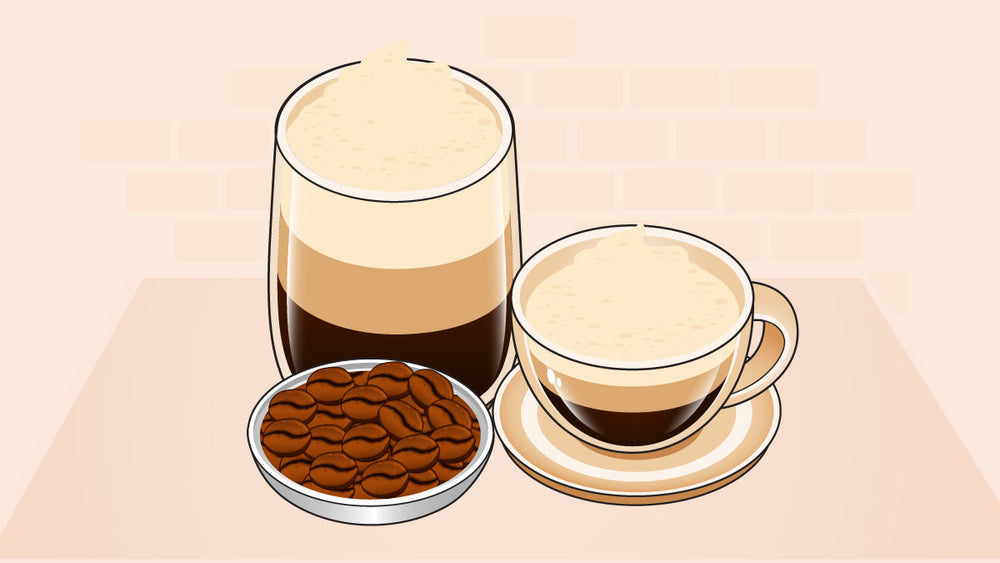 Two cups of cappuccino with frothy milk foam, accompanied by a dish of coffee beans