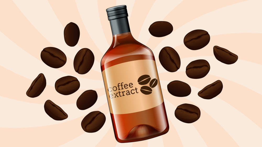 Bottle labeled "coffee extract" surrounded by scattered coffee beans.