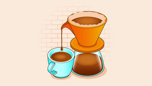 Drip coffee maker with cone filter dripping coffee into a blue cup