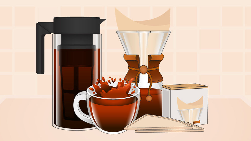 Pour-over coffee setup with a Chemex, carafe, filters, and a splashing cup of brewed coffee.