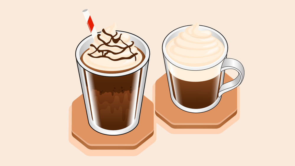 Illustration of an iced coffee with whipped cream and chocolate drizzle, alongside an Irish coffee with a whipped cream topping