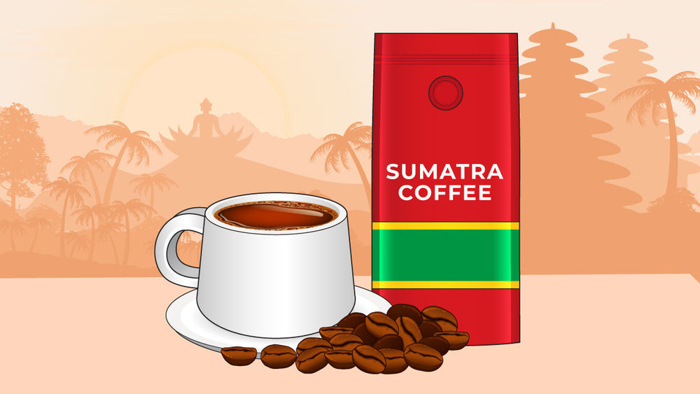 A cup of coffee, Sumatra coffee bag, and coffee beans with an Indonesian landscape