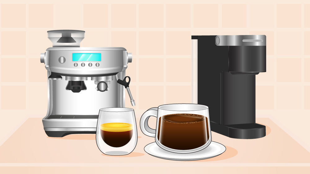 Espresso machine and pod coffee maker on a counter with a shot of espresso and a cup of brewed coffee.