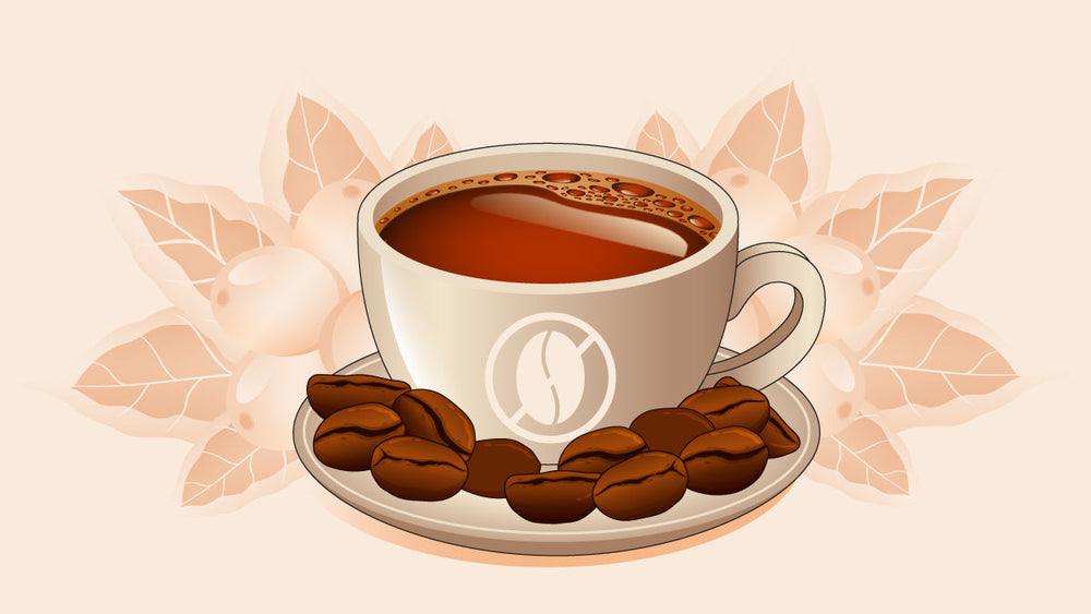 Cup of decaf coffee on a saucer with coffee beans, set against a background of soft coffee plant leaves.